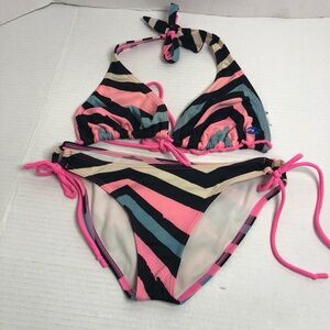 Billabong Bikini Womens Small 2 Piece Striped Swimsuit Logo Adjustable Side Tie